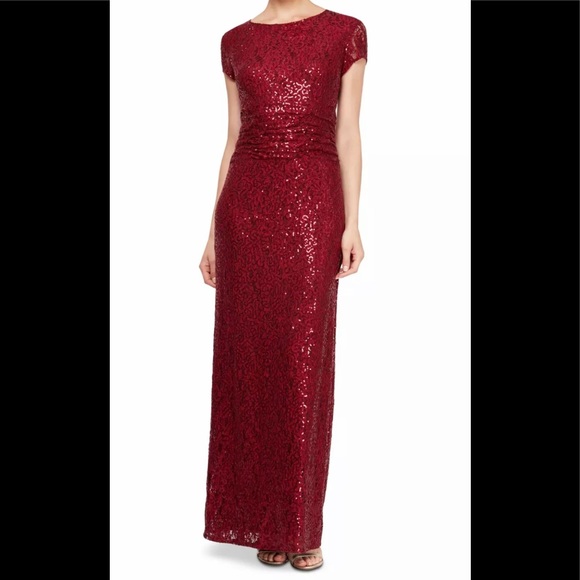SLNY Dresses Womens Formal Dress Size 6 Allover Sequins Short Sleeve Slny Red Maxi Gown Nwt